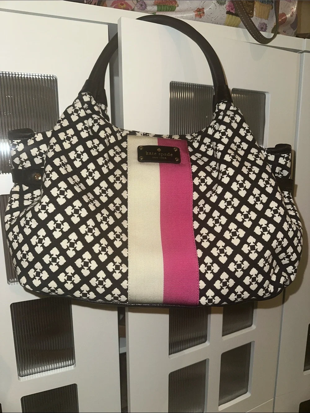 kate spade Black & White Pattern Shoulder Bag with Pink Stripe